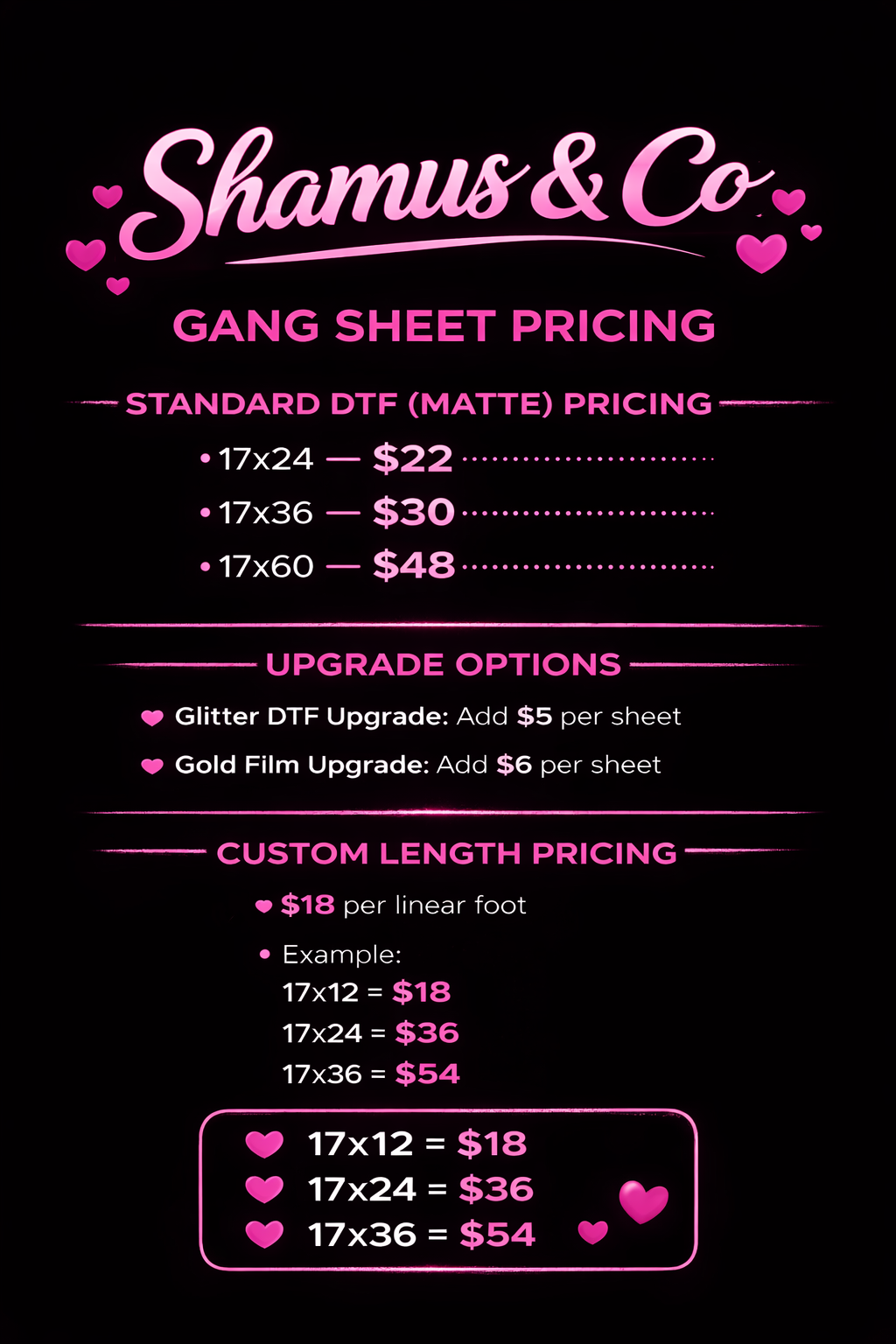 Shamus & Co pricing list for standard DTF (matte) printing on a black background with pink text.