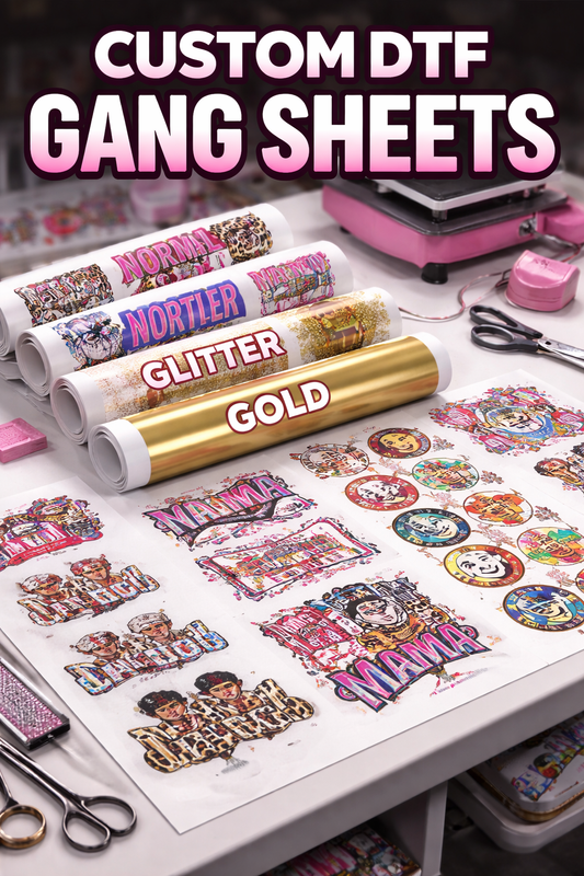 Custom 17 inch wide DTF gang sheet printed by Shamus & Co in Nashville, high resolution full color heat transfer designs ready to press on apparel.