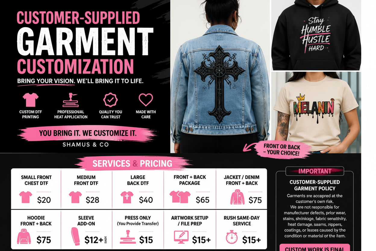 Adult T-shirt with custom print from Shamus & Co, showcasing personalized garment customization option for customers.