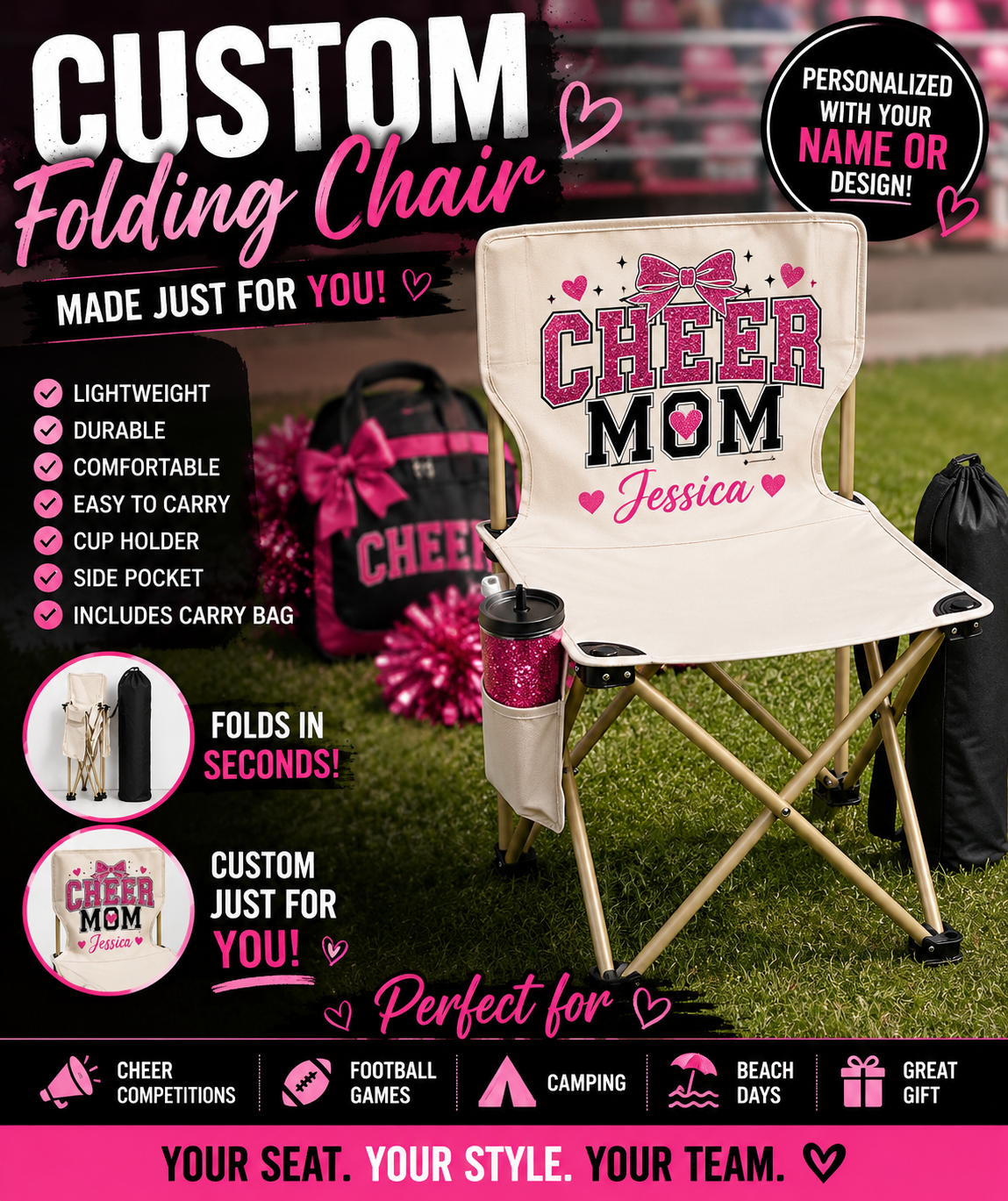 Personalized Cheer Mom folding chair with custom name, lightweight camp chair for cheer competitions by Shamus & Co Designs