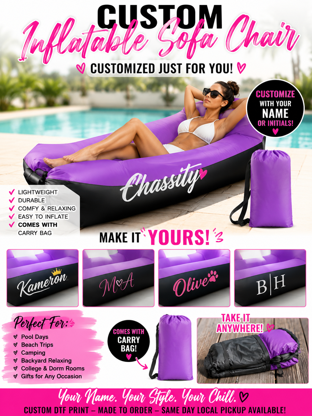 Custom inflatable lounger chair by Shamus & Co, personalized with name or initials, ideal for pool, beach, and camping outdoor use.