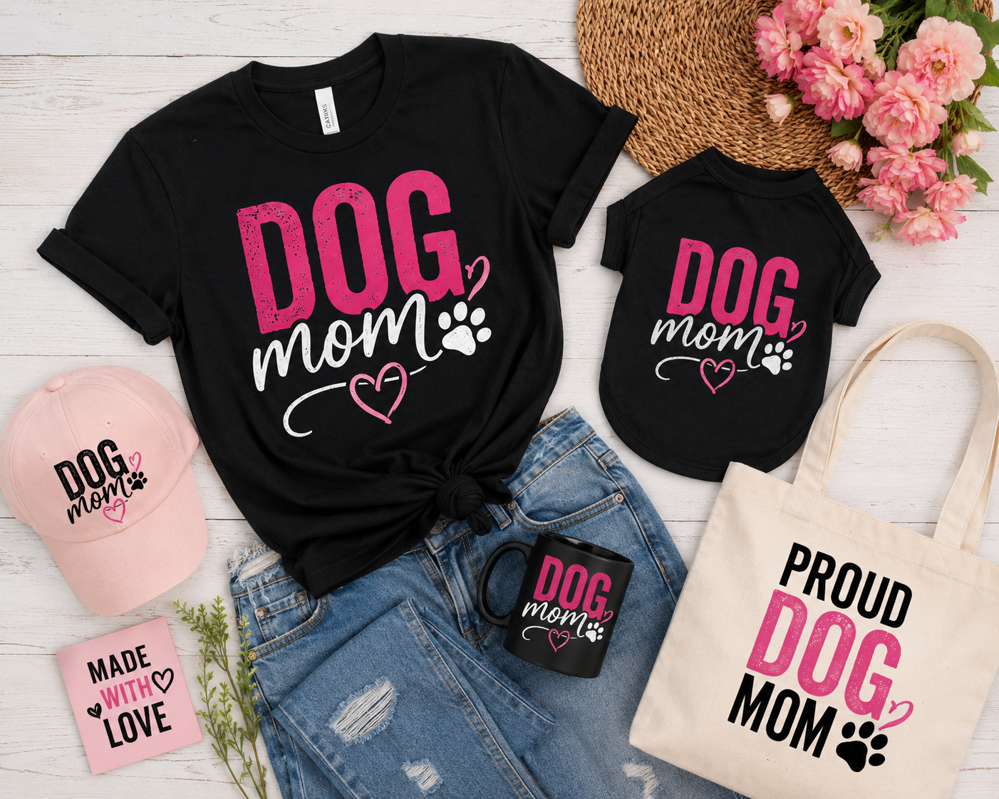 Matching Dog Mom Bundle featuring a custom dog shirt and human tee from Shamus & Co, displayed side by side in the image.