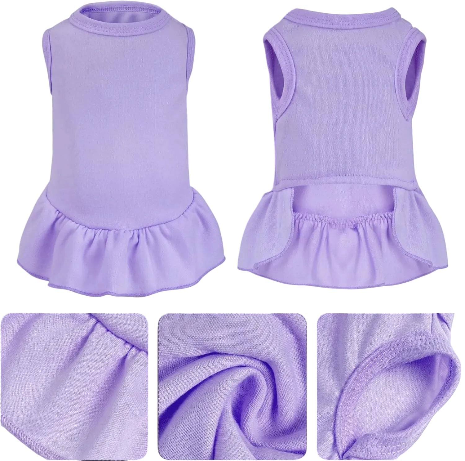 Purple pet dress with ruffled skirt shown from multiple angles on a black background.
