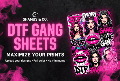 Promotional graphic for DTF Gang Sheets with colorful design and text on a dark background.