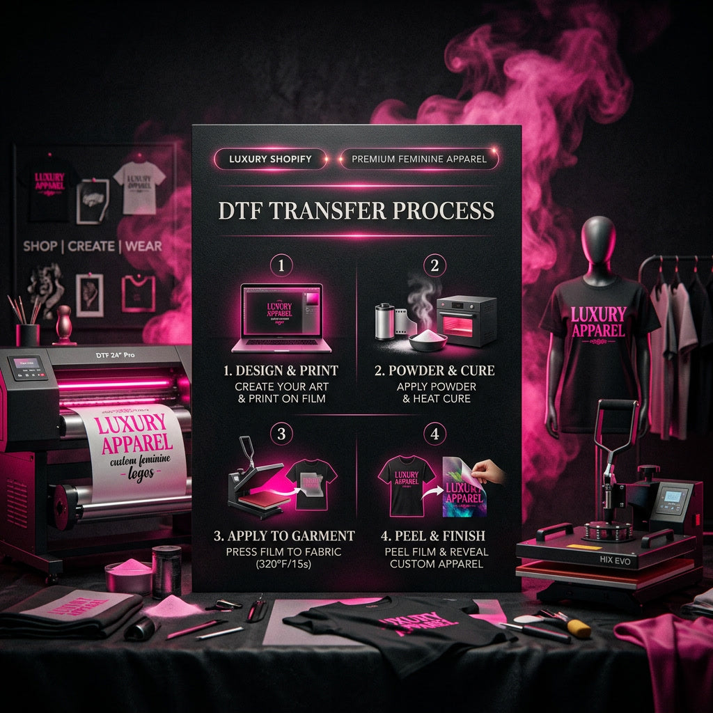 Shamus & Co DTF starter gang sheet, 17x24 inches, showing detailed transfer printing process on white background