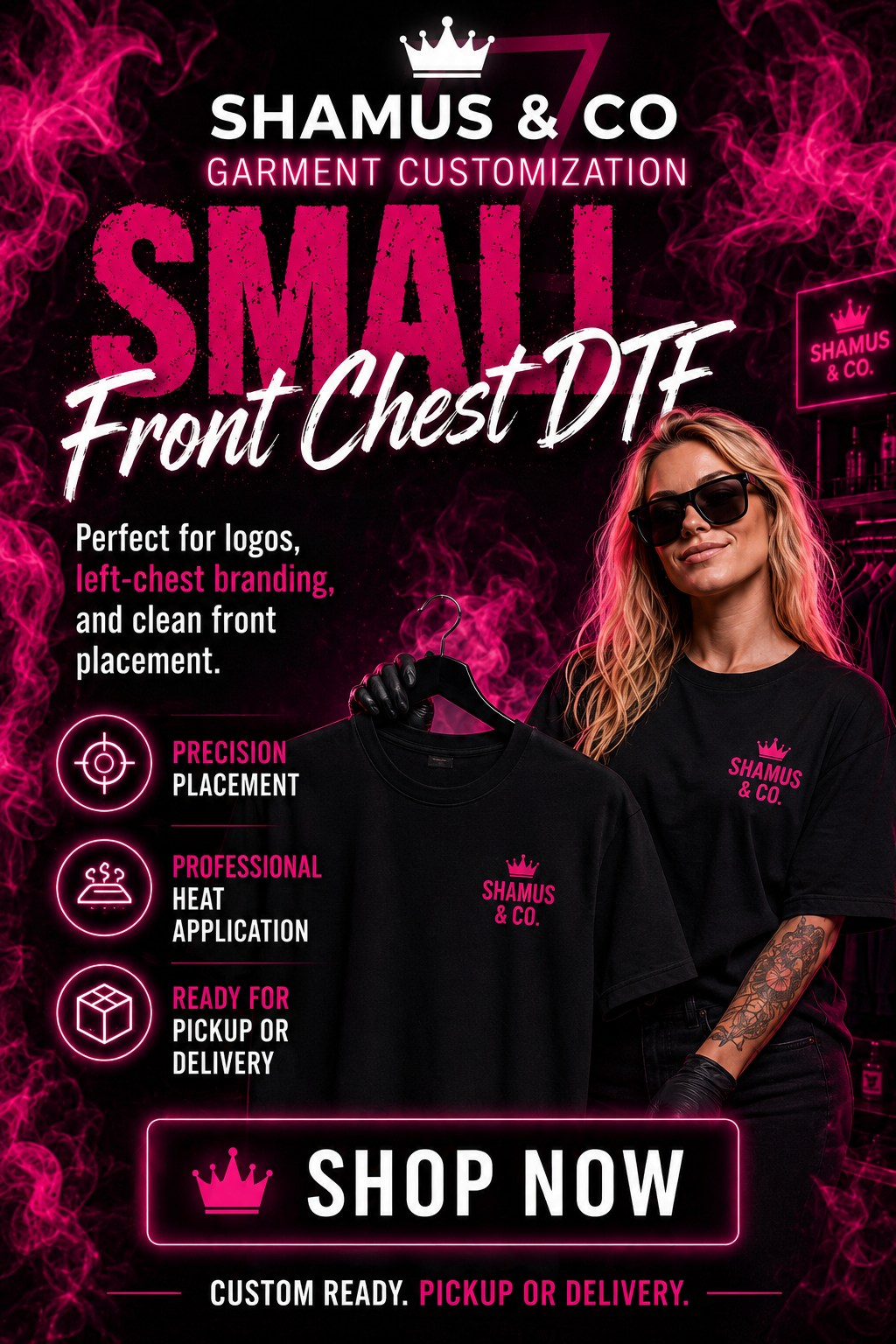 Front view of an adult T-shirt from Shamus & Co with custom DTF print on the chest area.