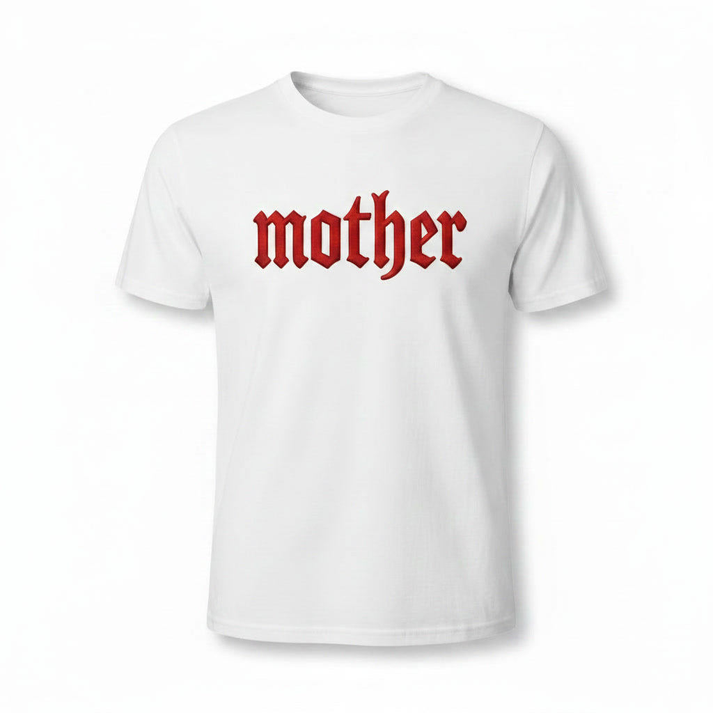 White "MOTHER" T-shirt by Shamus & Co from The Mother Collection with gothic embroidered look, displayed on a clean white background.