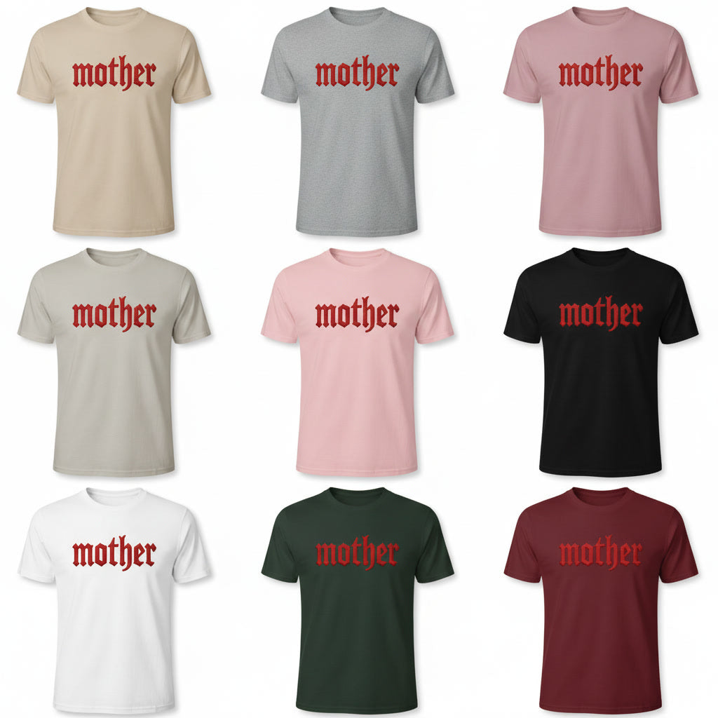 Collection of t-shirts with 'mother' printed in red on a white background