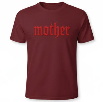 White "MOTHER" T-shirt from Shamus & Co with gothic embroidered look, adult tee with clean background and detailed embroidery.