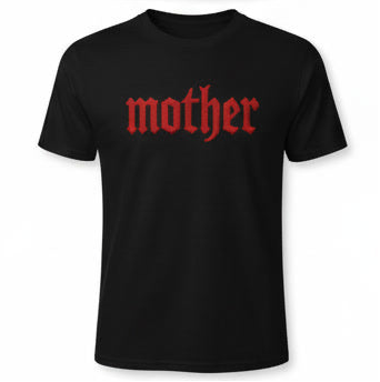 White "MOTHER" T-shirt from Shamus & Co featuring gothic embroidered look design on a clean background.
