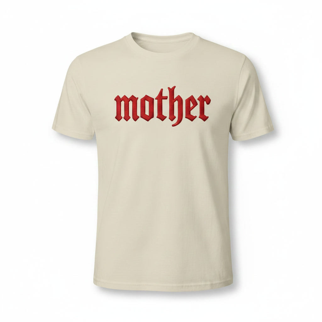 White "MOTHER" T-shirt from Shamus & Co with Gothic embroidered look, displayed on a clean white background.