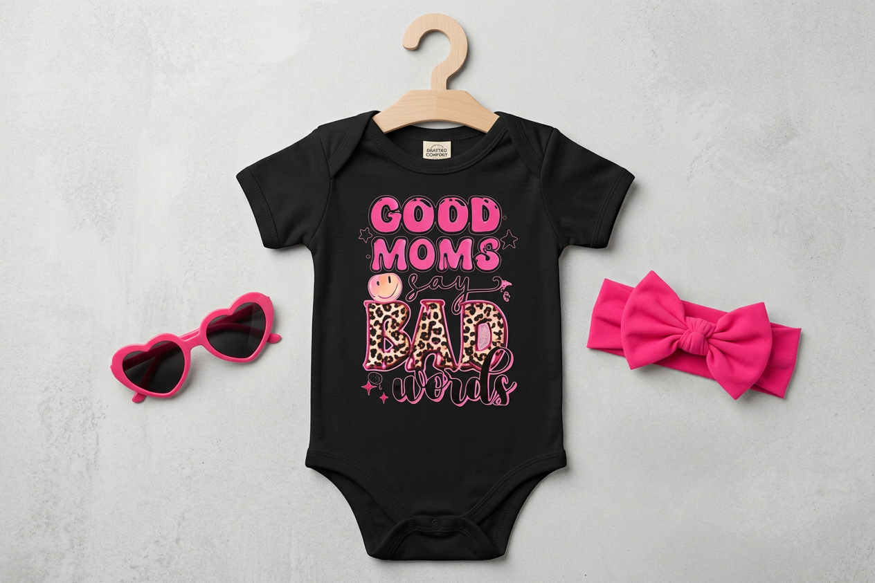 Baby bodysuit by Shamus & Co with humorous "Good Moms Say Bad Words" print, perfect for funny mommy and me outfits.