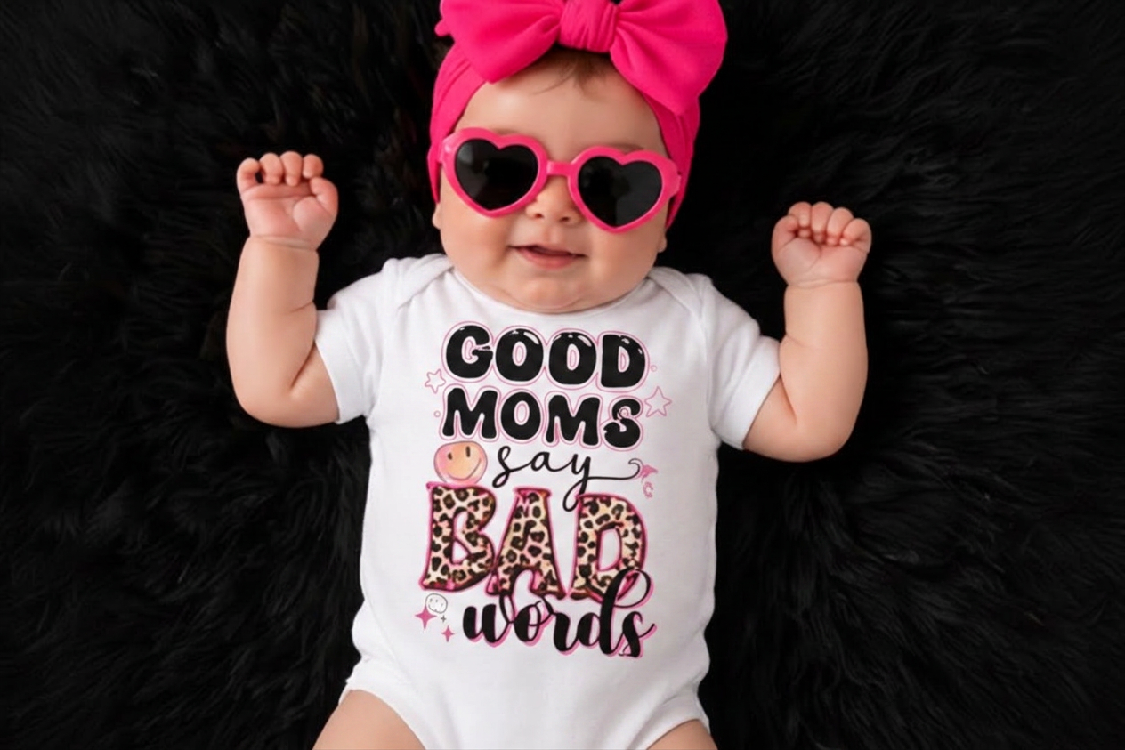 Baby bodysuit by Shamus & Co with humorous "Good Moms Say Bad Words" design, white fabric, suitable for funny mommy and me outfits.