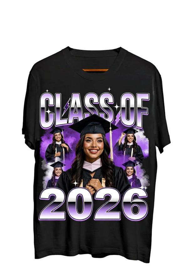 Graduation-themed t-shirt with 'Class of 2026' design on a white background