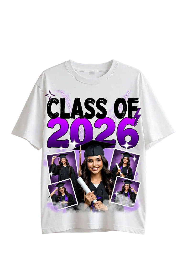 Graduation-themed t-shirt with 'Class of 2026' design on a white background