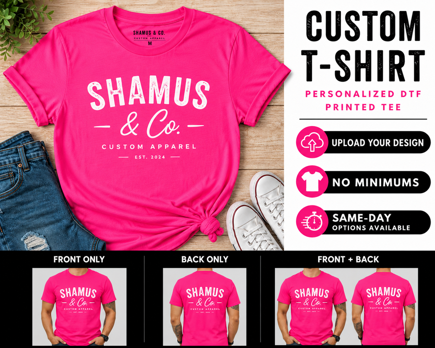 Pink t-shirt with 'SHAMUS & Co.' branding on a wooden surface, surrounded by jeans and shoes.