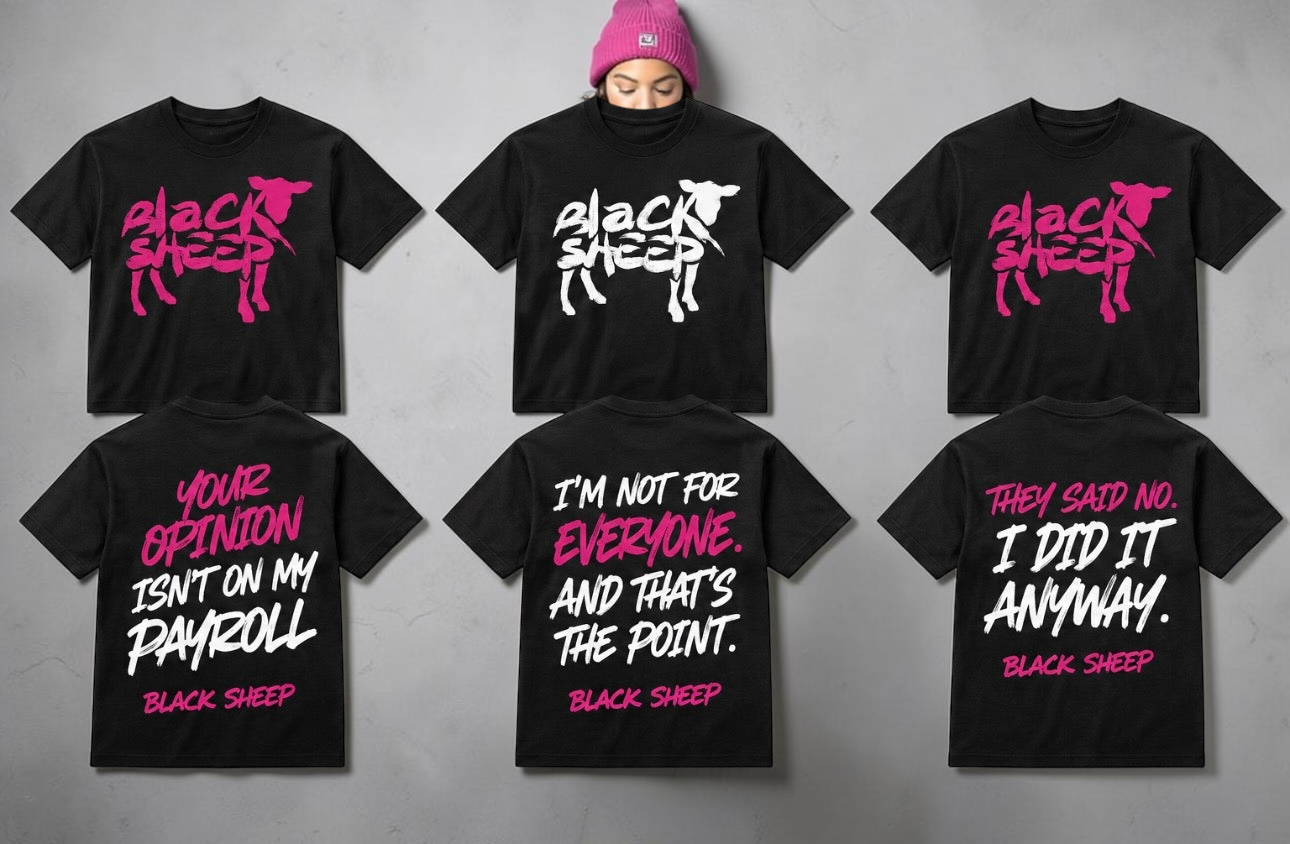 Black Sheep™ graphic T-shirt by Shamus & Co featuring a motivational streetwear design on an adult black tee.