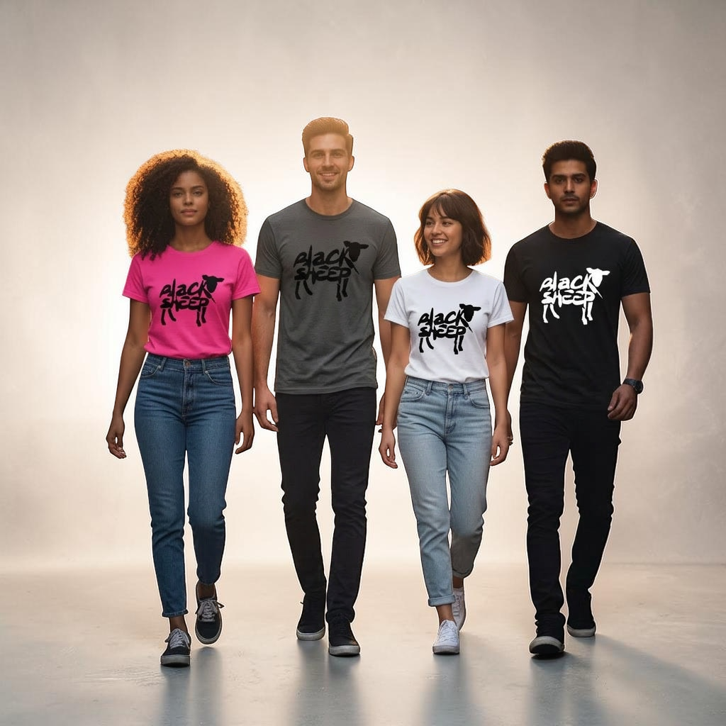 Black Sheep™ graphic T-shirt by Shamus & Co featuring a motivational design, adult streetwear shirt in black.