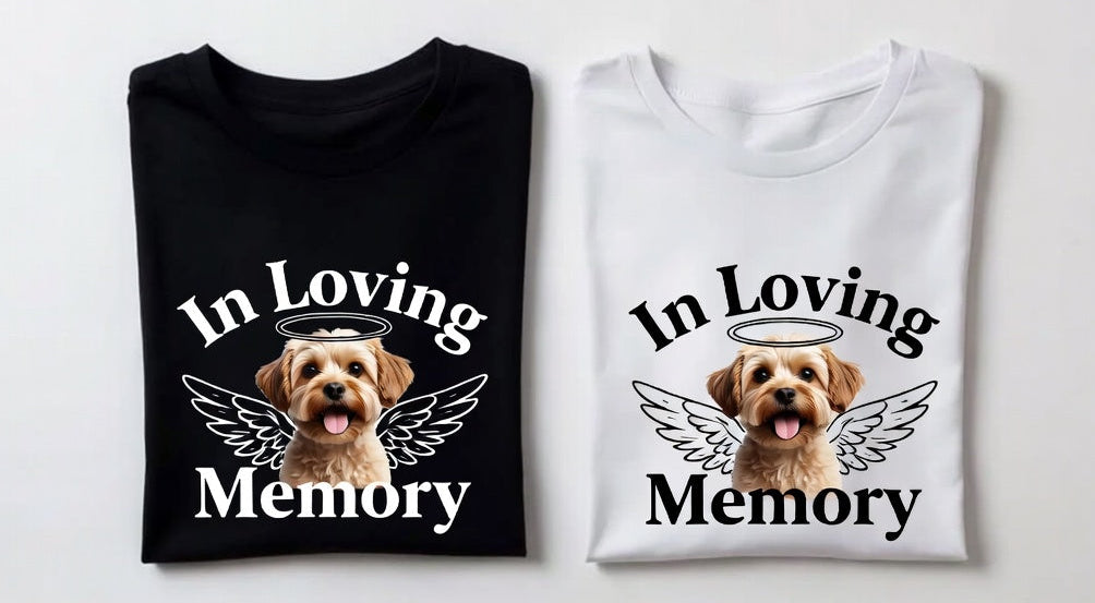 Black and white t-shirts with a dog illustration and 'In Loving Memory' text on a light gray background.