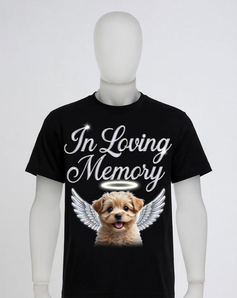 Black t-shirt with a dog illustration and 'In Loving Memory' text on a mannequin against a white background.