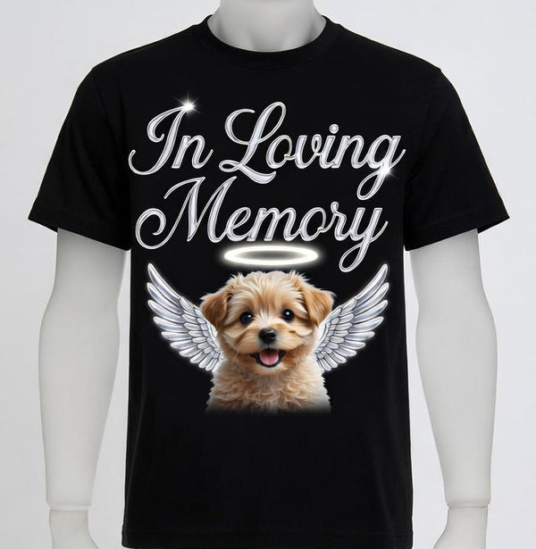 Black t-shirt with a dog illustration and 'In Loving Memory' text on a mannequin against a white background.