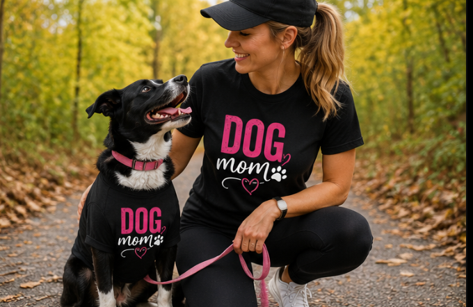 Black matching dog mom T-shirt and custom dog shirt from Shamus & Co featuring coordinated designs for pet and owner.