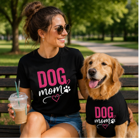 Matching black dog mom shirt and human tee from Shamus & Co, featuring a stylish custom dog print design for pet lovers.