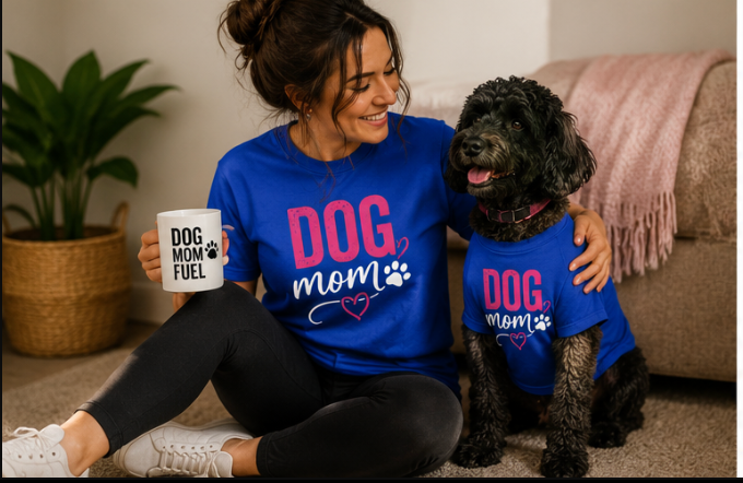 Matching dog mom bundle with blue custom dog shirt and human tee from Shamus & Co, featuring a dog and human wearing coordinated outfits.