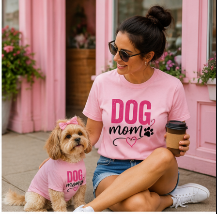 Pink matching dog mom and human tees from Shamus & Co featuring a custom dog shirt and a comfortable human tee.