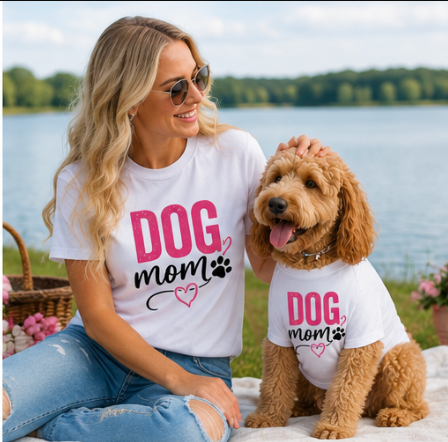 Matching white dog mom and human tees from Shamus & Co featuring custom dog shirt and human tee for pet owners.