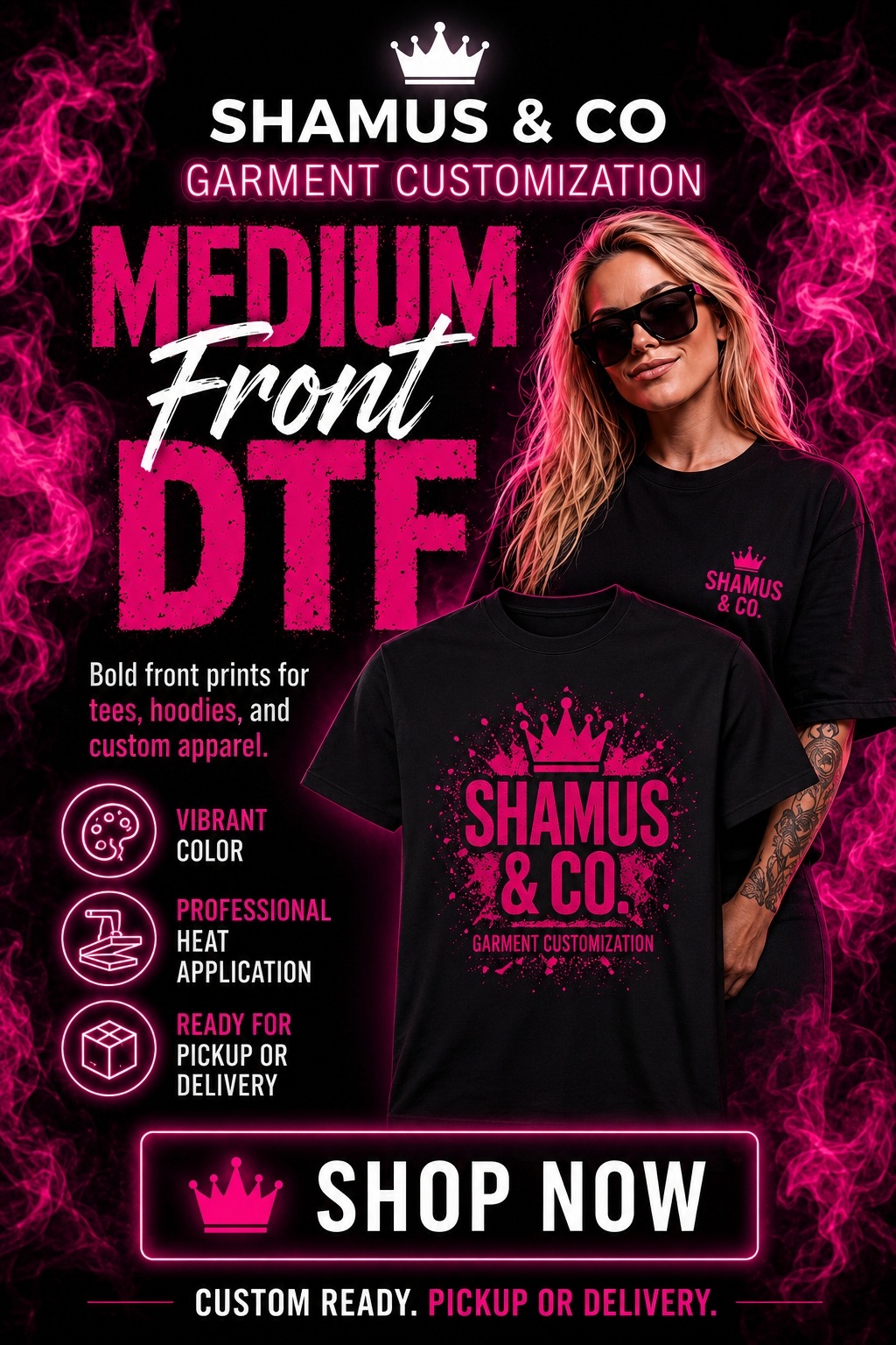 Adult T-shirt from Shamus & Co with custom print design, showcasing a front view of the garment on a neutral background.