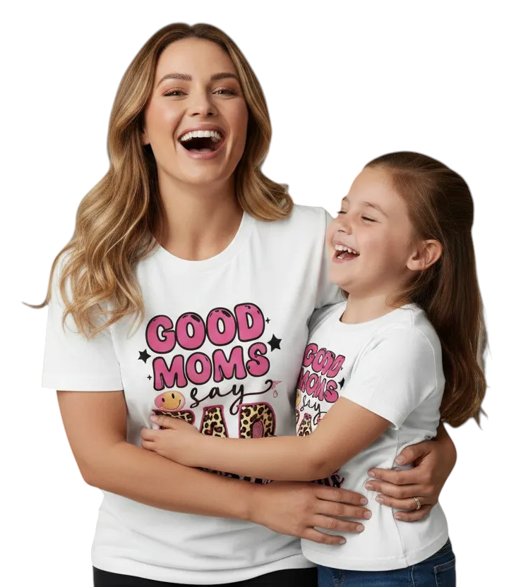 Funny moms T-shirt from Shamus & Co featuring "Good Moms Say Bad Words" design, perfect for matching mommy and me outfits.