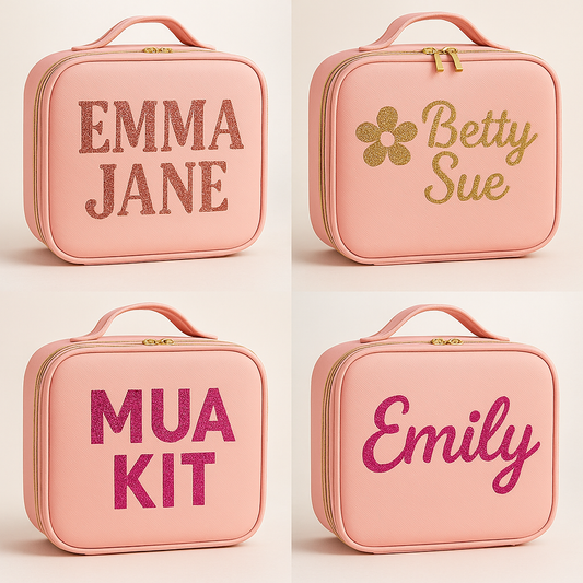 Personalized pink makeup case with name