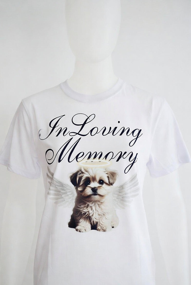 White Memorial Pet Tee for adults by Shamus & Co featuring a heartfelt pet memory design on soft cotton fabric.