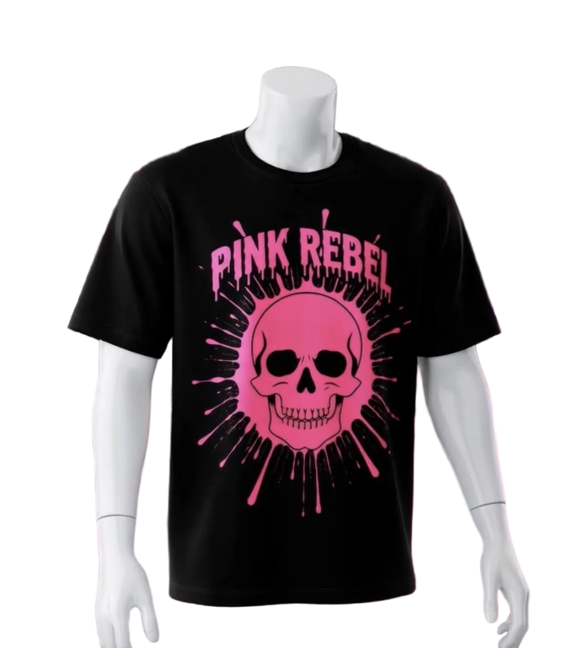 Pink Rebel graphic streetwear T-shirt by Shamus & Co featuring a dripping skull design on the front.