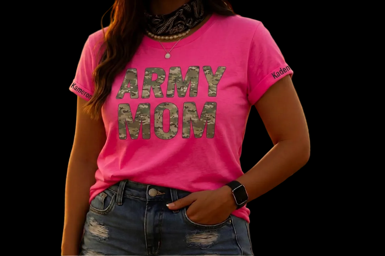 Person wearing a pink 'ARMY MOM' t-shirt with a sunset background