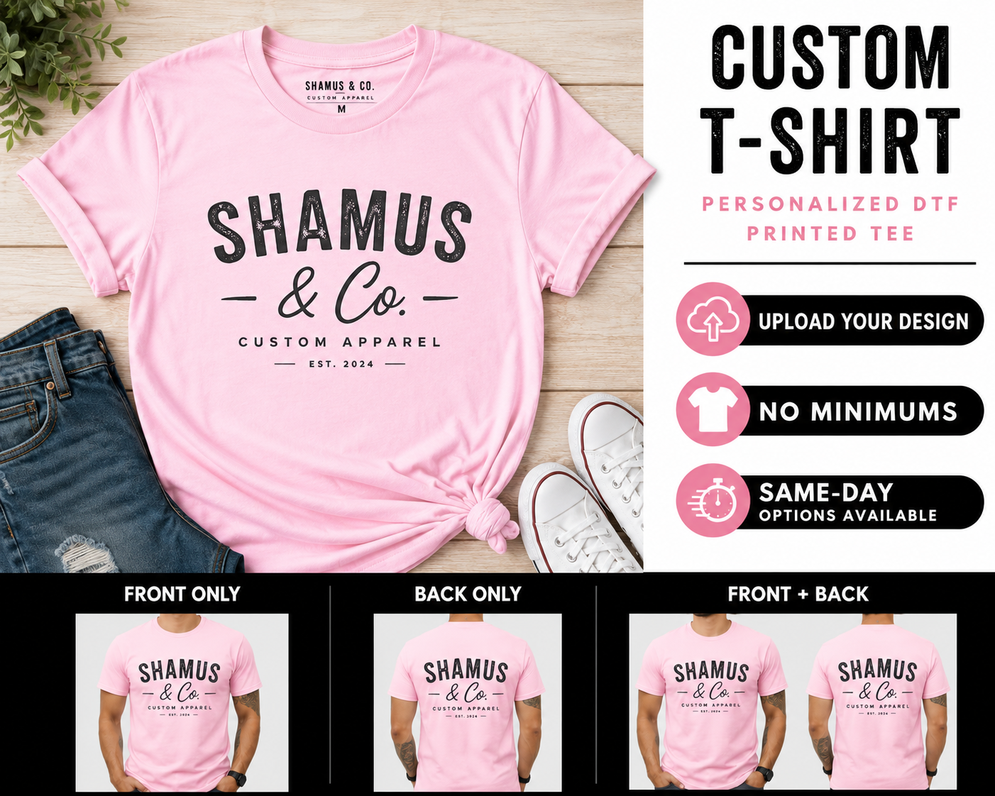 Pink t-shirt with 'SHAMUS & Co.' branding on a wooden surface, surrounded by jeans and shoes.