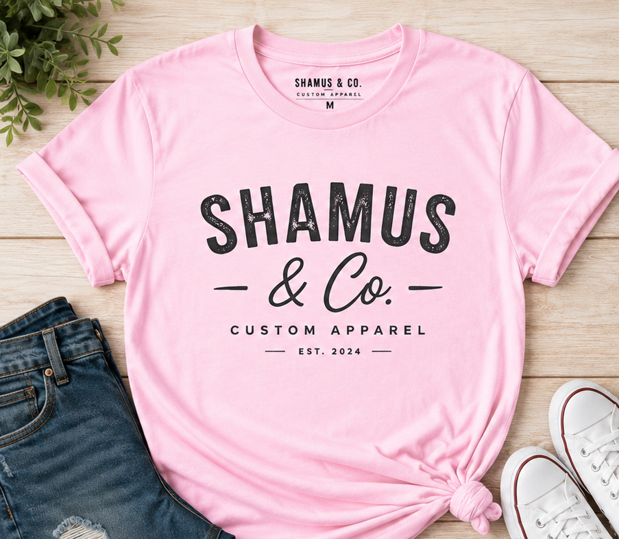 Adult pink custom T-shirt by Shamus & Co with a personalized logo, photo, or artwork printed on the front.