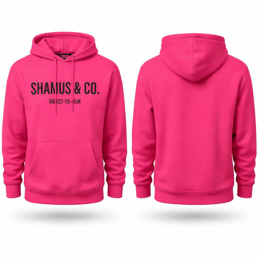 Pink hoodie with 'SHAMUS & CO.' text on the front, shown from front and back views.