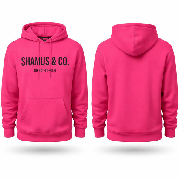 Pink hoodie with 'SHAMUS & CO.' text on the front, shown from front and back views.