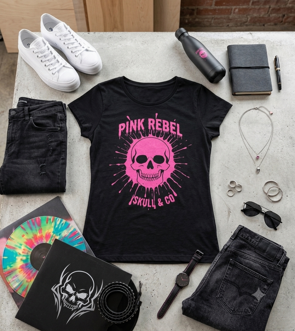 Pink Rebel graphic T-shirt by Shamus & Co displayed flat, showcasing streetwear style and vibrant pink color.