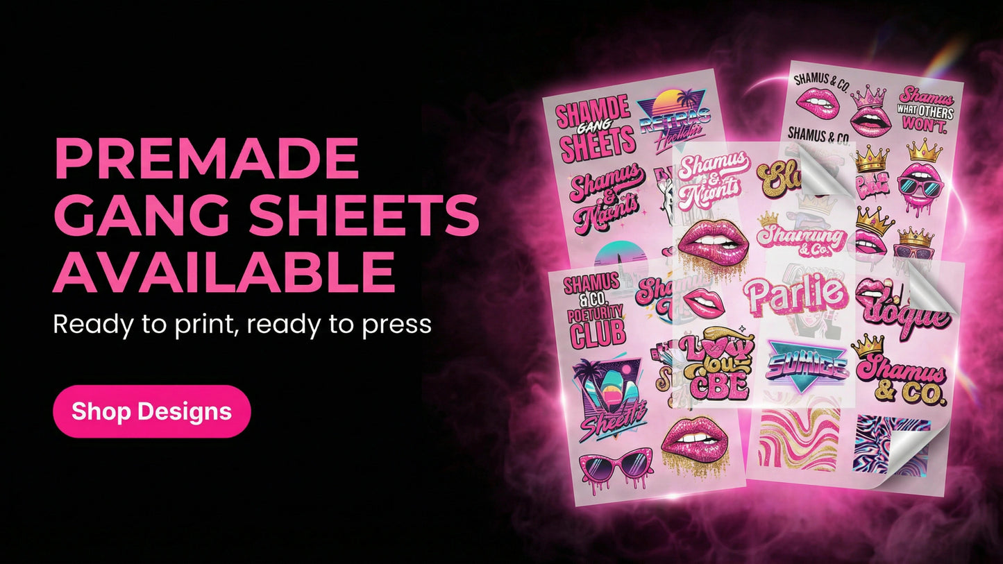 Premade DTF gang sheet from Shamus & Co, 17x24 inches, showing colorful printed designs on a white background.