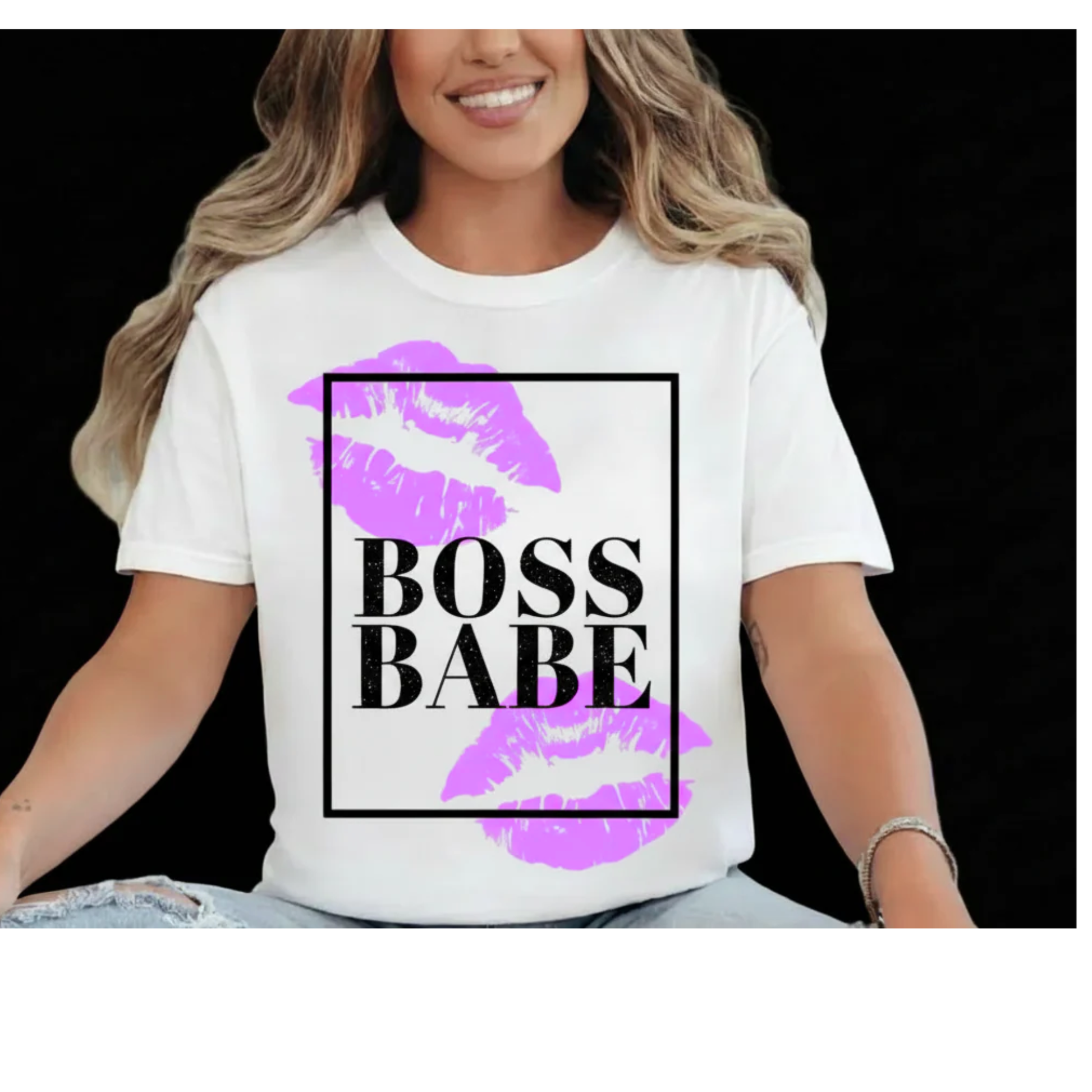 Purple Boss Babe Kisses adult T-shirt by Shamus & Co featuring a stylish kiss graphic on soft fabric.