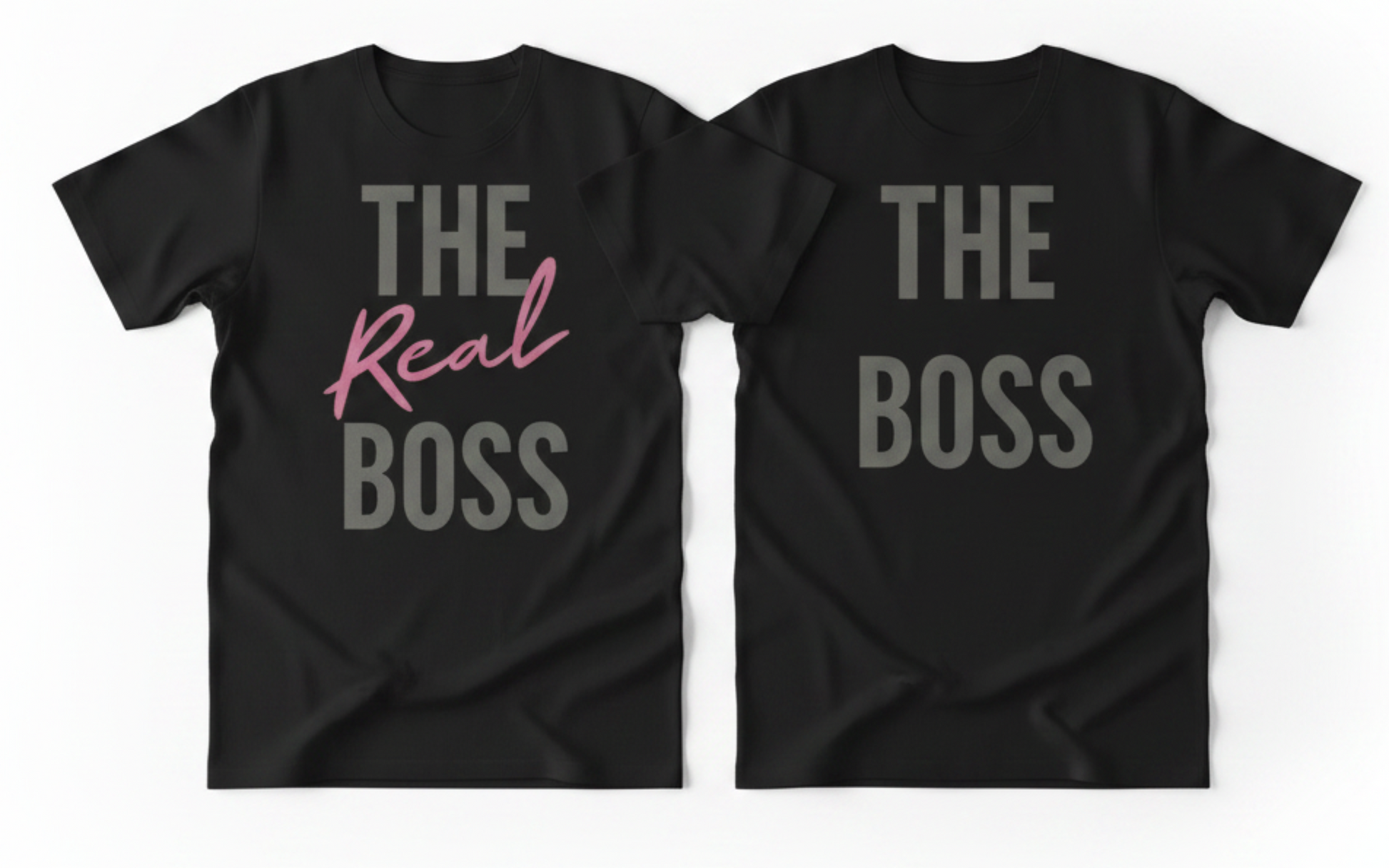 Two black t-shirts with 'The Real Boss' and 'The Boss' text on a white background