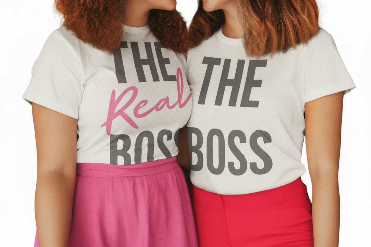 Two people wearing t-shirts with 'The Real Boss' text, one in pink skirt and the other in red.