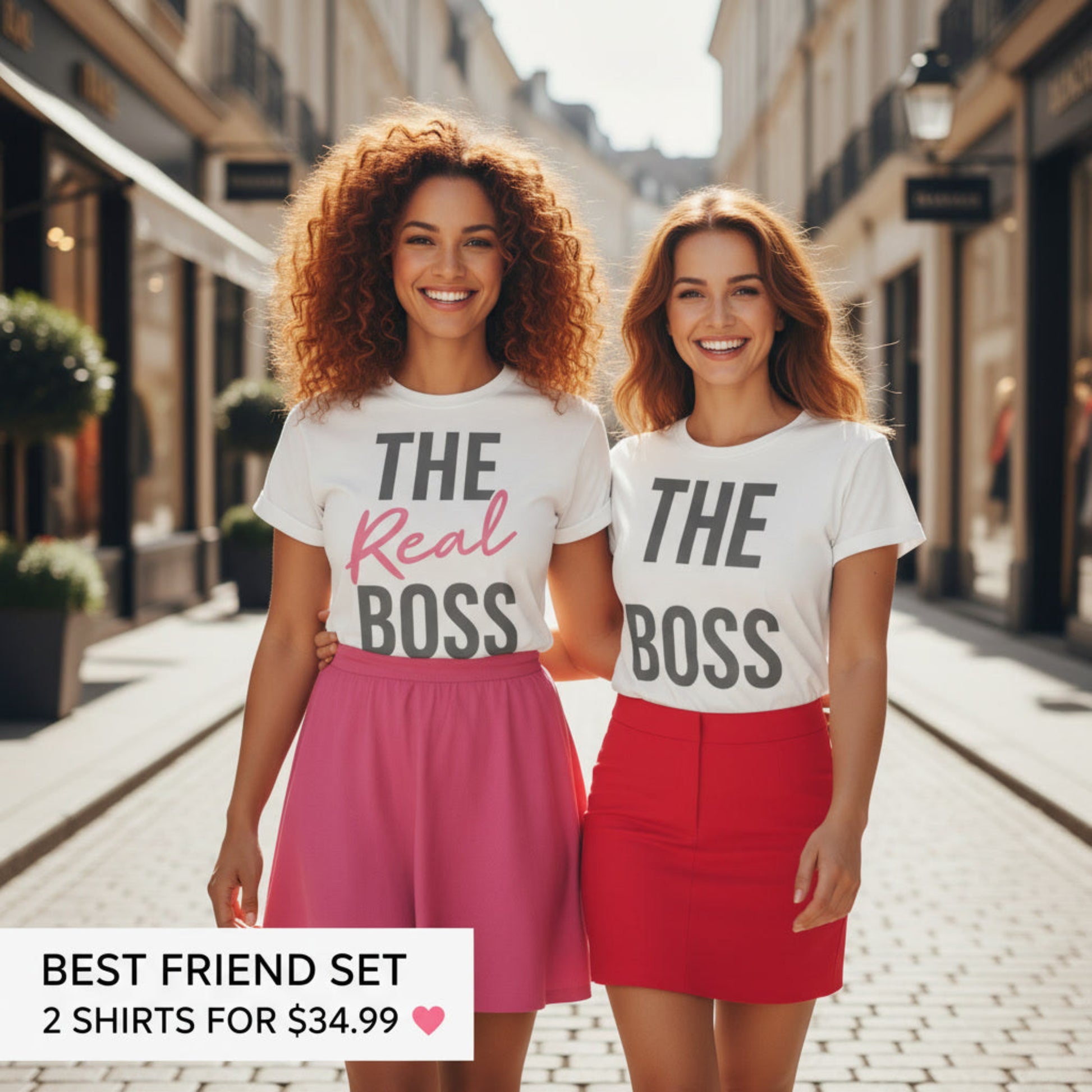 Two women standing on a street wearing matching t-shirts with text, promotional text overlay.