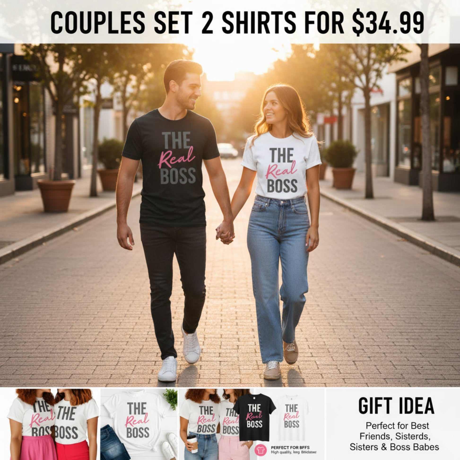Couple walking hand-in-hand on a street wearing 'The Real Boss' shirts, with promotional text overlay.