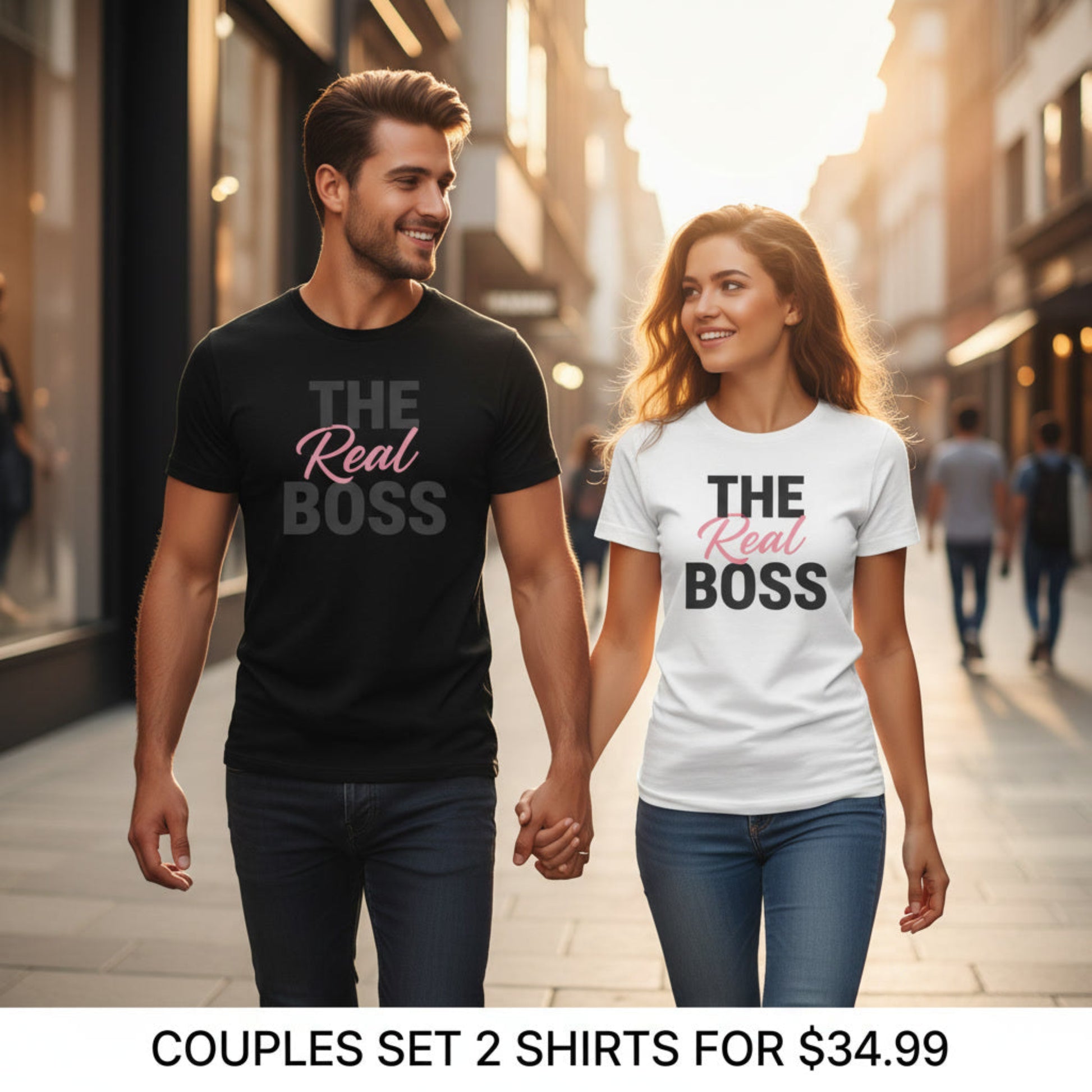 Man and woman walking together wearing 'The Real Boss' shirts on a city street.