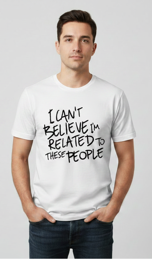 Man wearing a white t-shirt with text on a plain background