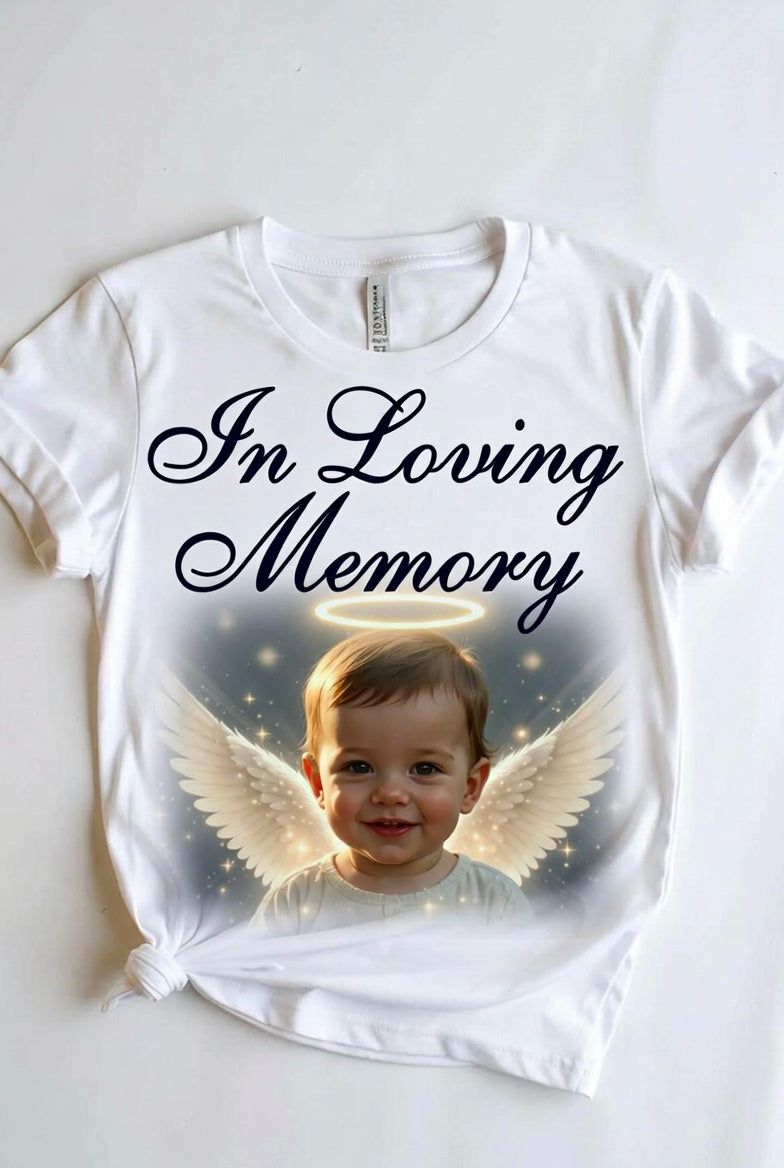 White RIP photo collage memorial T-shirt by Shamus & Co featuring a heartfelt tribute design